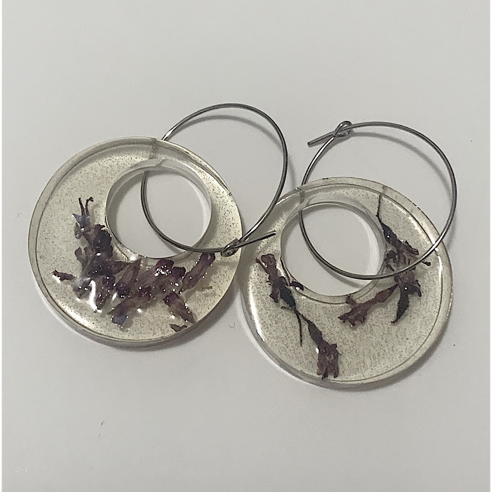 Handmade flower earrings purple dangle drop stainless steel hoop floral jewelry
